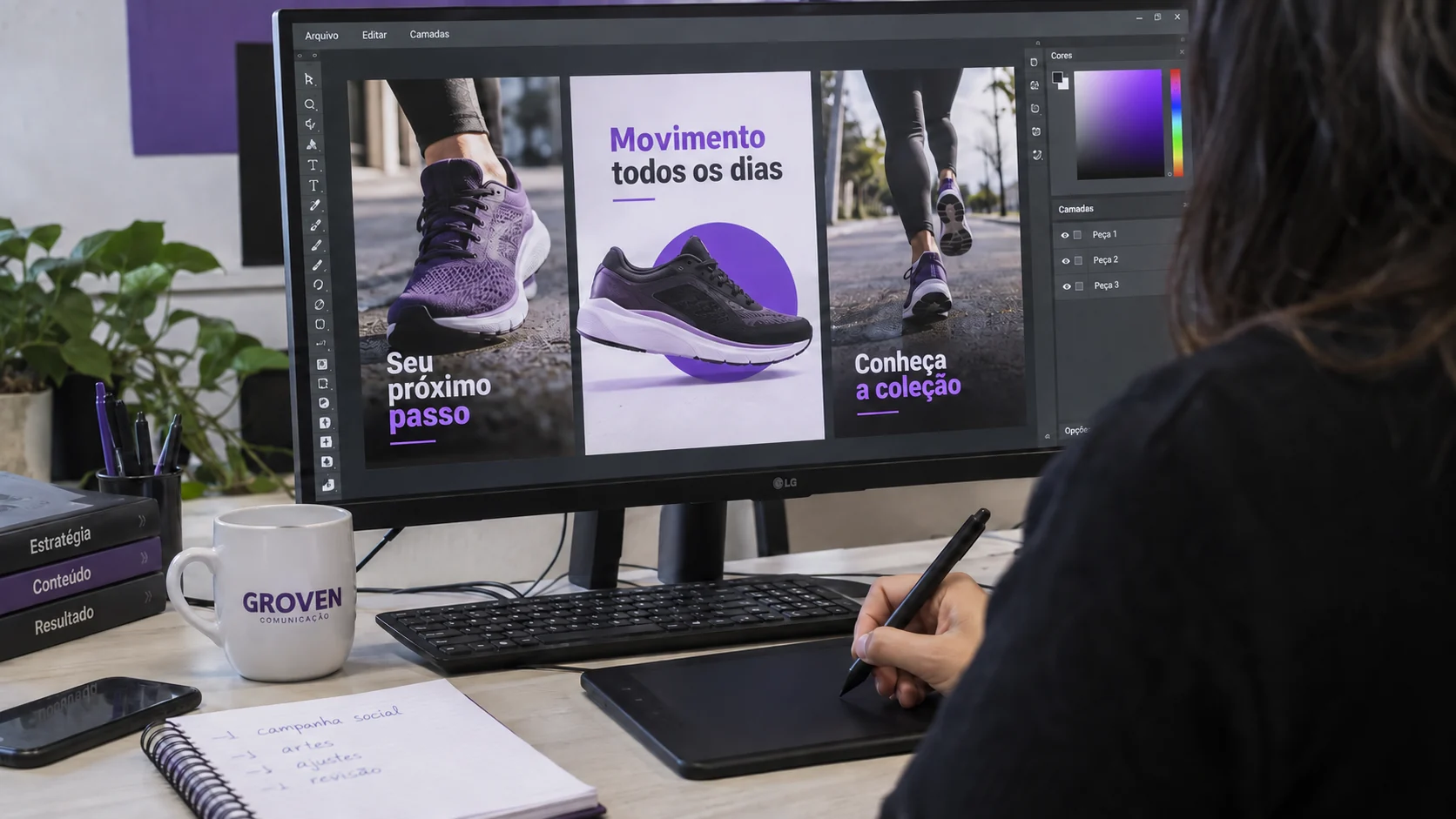 Criação de peças publicitárias para feed e stories em uma estação de design
