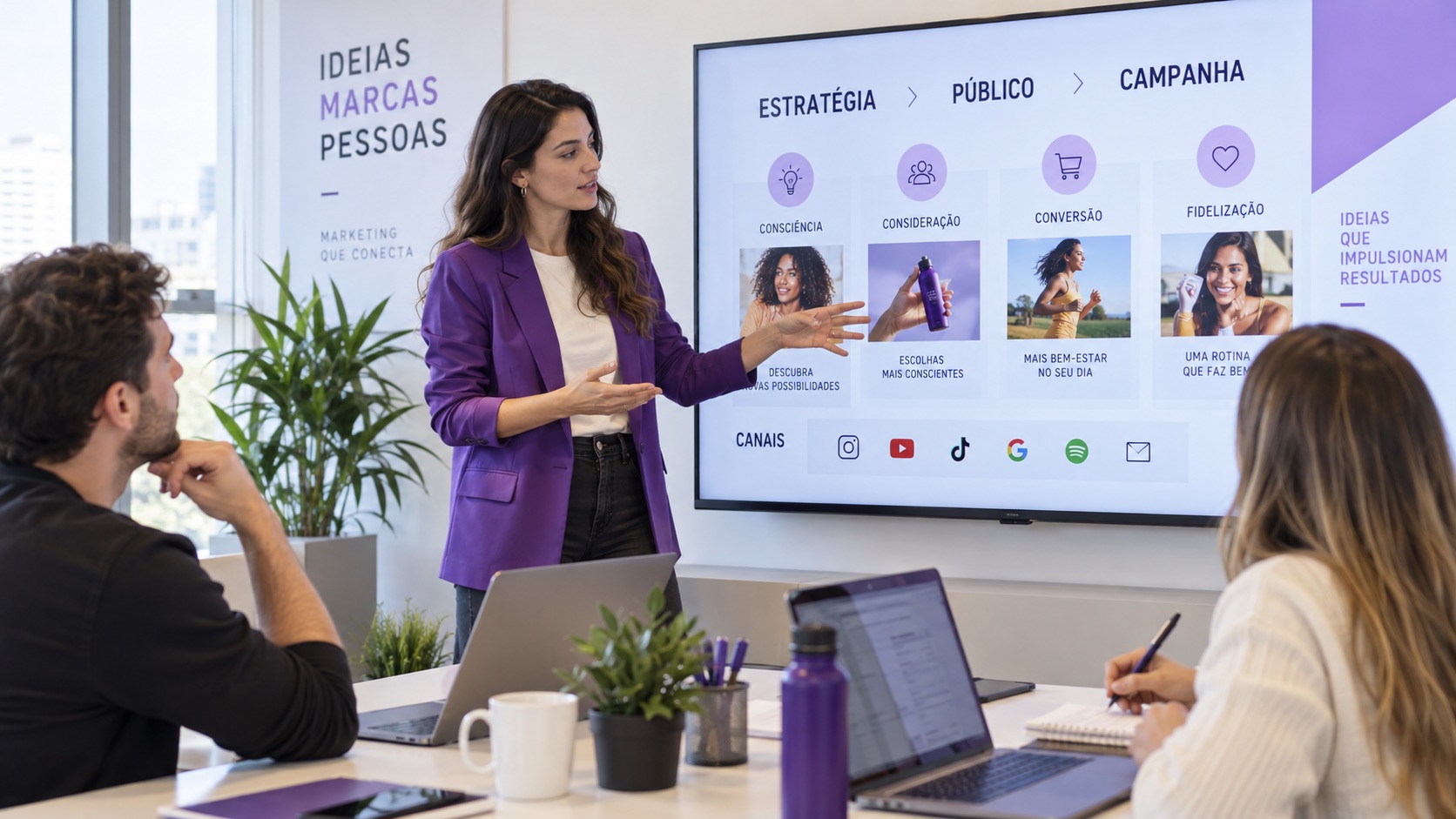 Planejamento de campanha com jornada de público, canais e posicionamento