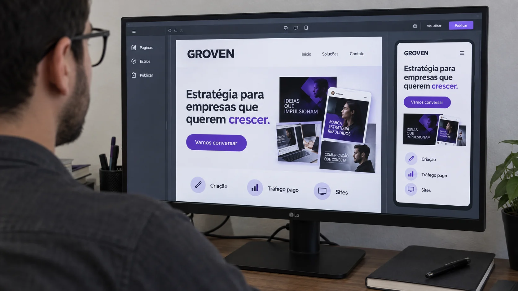 Desenvolvimento de site da Groven, com versões para computador e celular e textos em português brasileiro