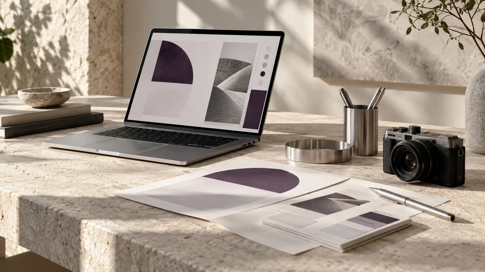 Composição de ferramentas criativas: design digital, referências de marca e fotografia sobre uma mesa clara