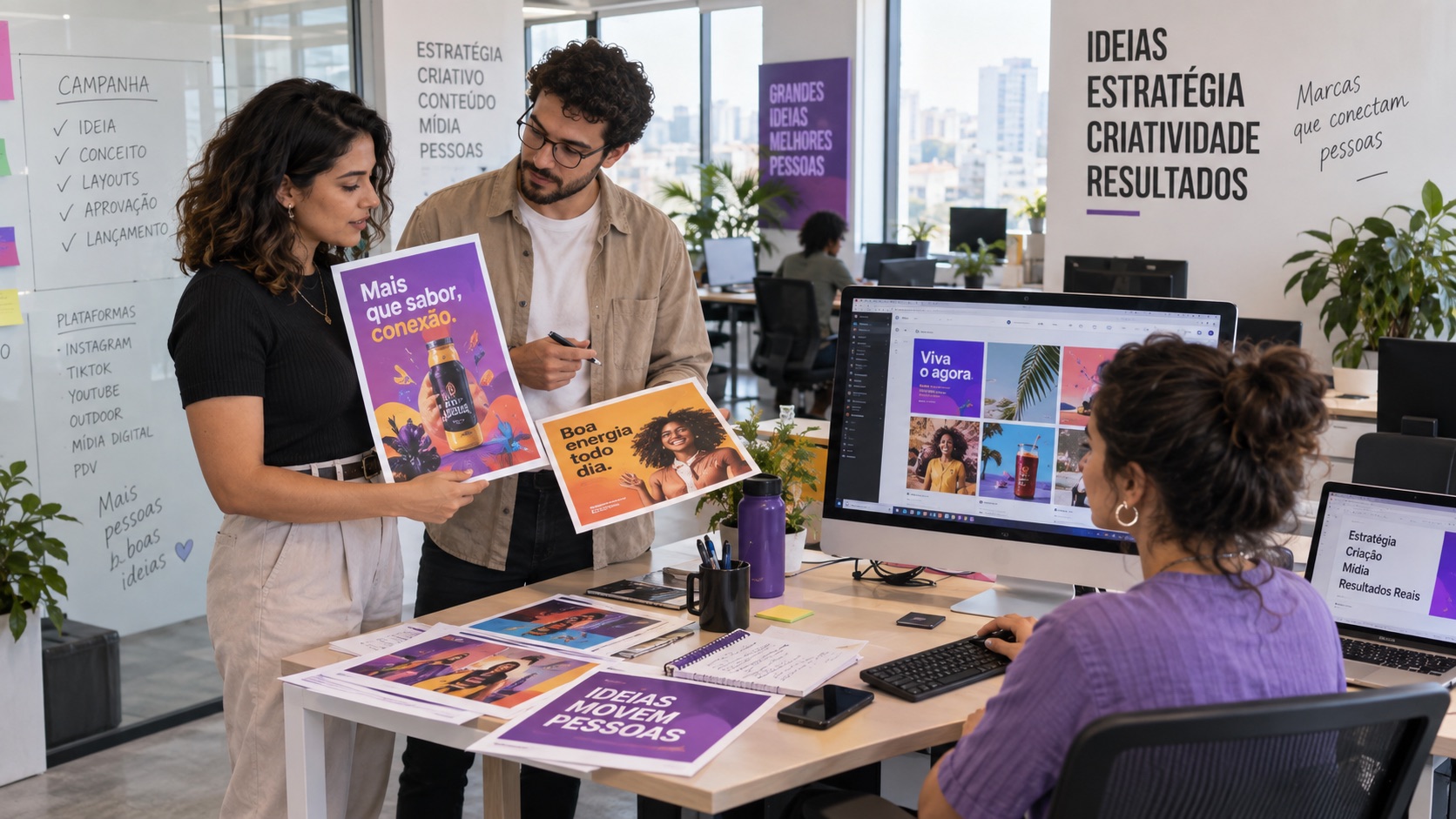 Profissionais desenvolvendo peças publicitárias e campanhas para redes sociais